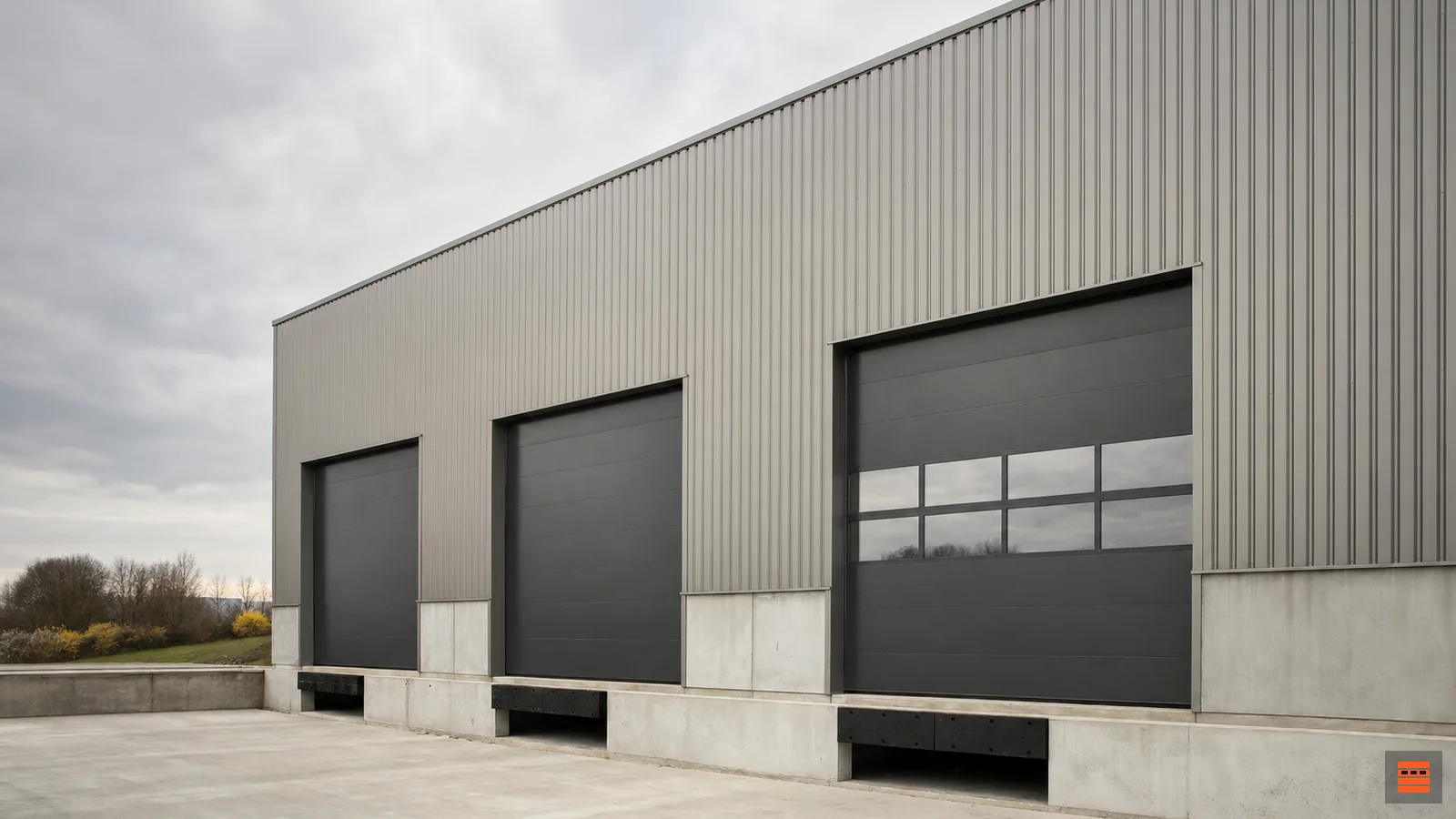 Portes sectionnelles industrielles sur un bâtiment professionnel